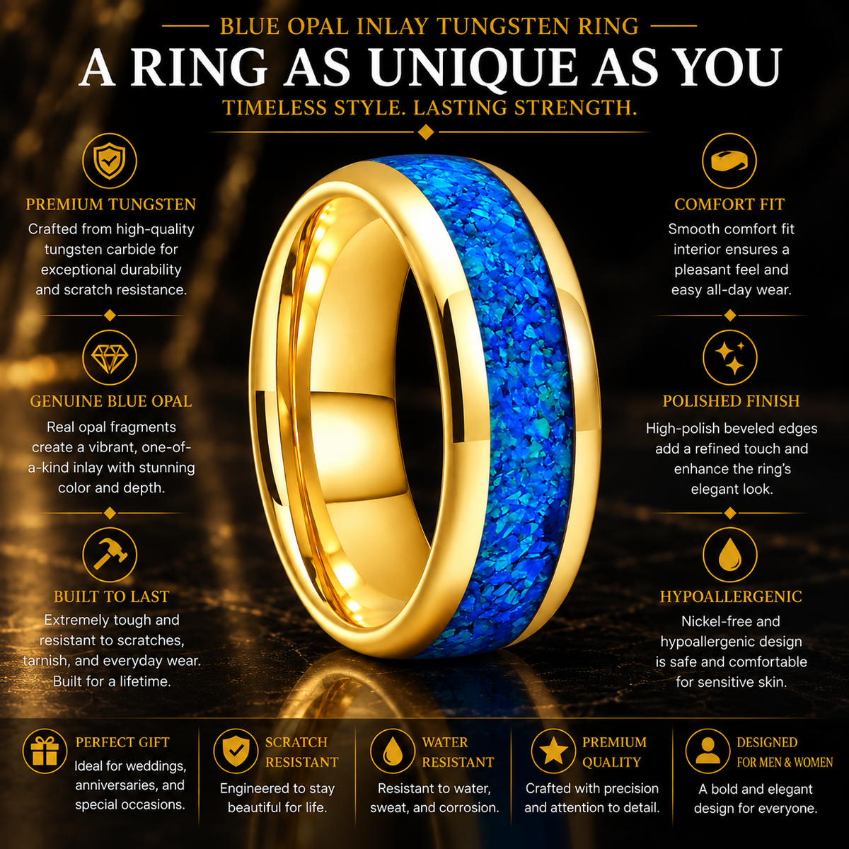 Blue Opal inlay Tungsten Ring