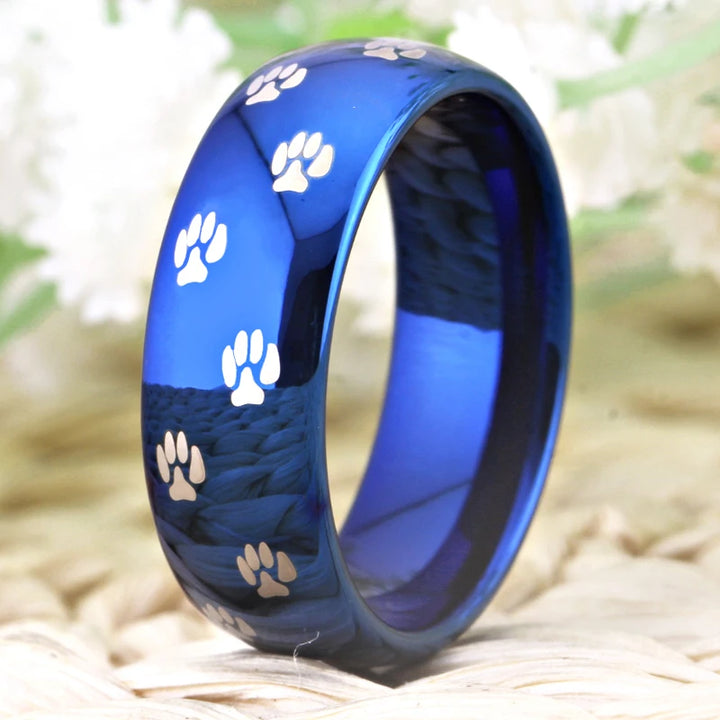Blue Tungsten Carbide Cat Dog Foot Paw Prints Ring