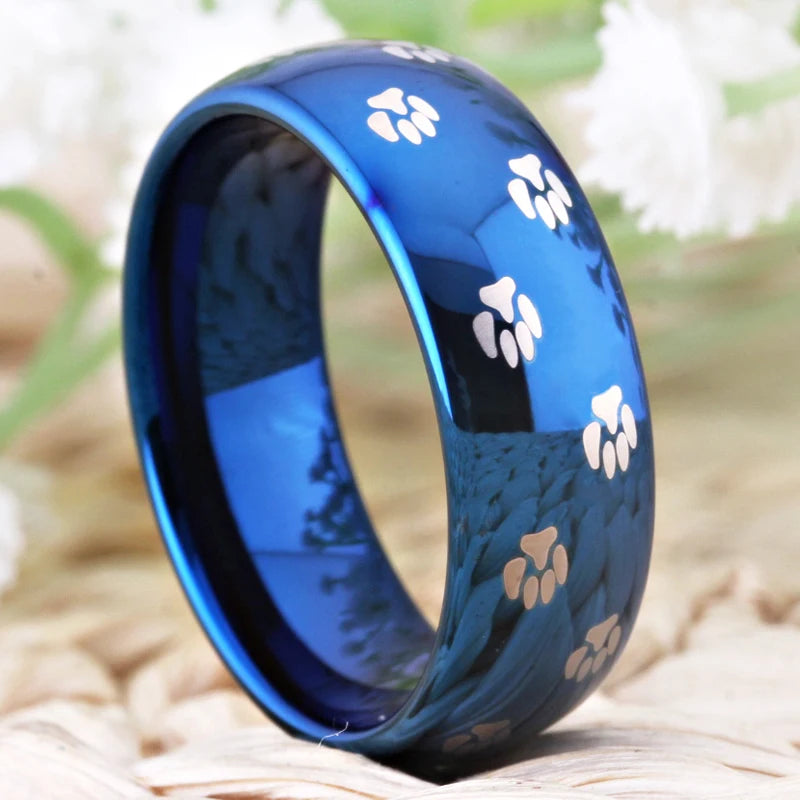 Blue Tungsten Carbide Cat Dog Foot Paw Prints Ring