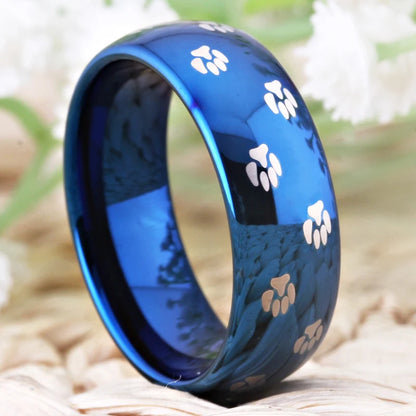 Blue Tungsten Carbide Cat Dog Foot Paw Prints Ring