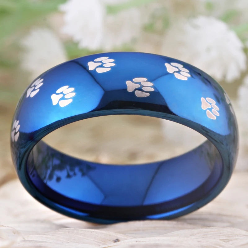 Blue Tungsten Carbide Cat Dog Foot Paw Prints Ring