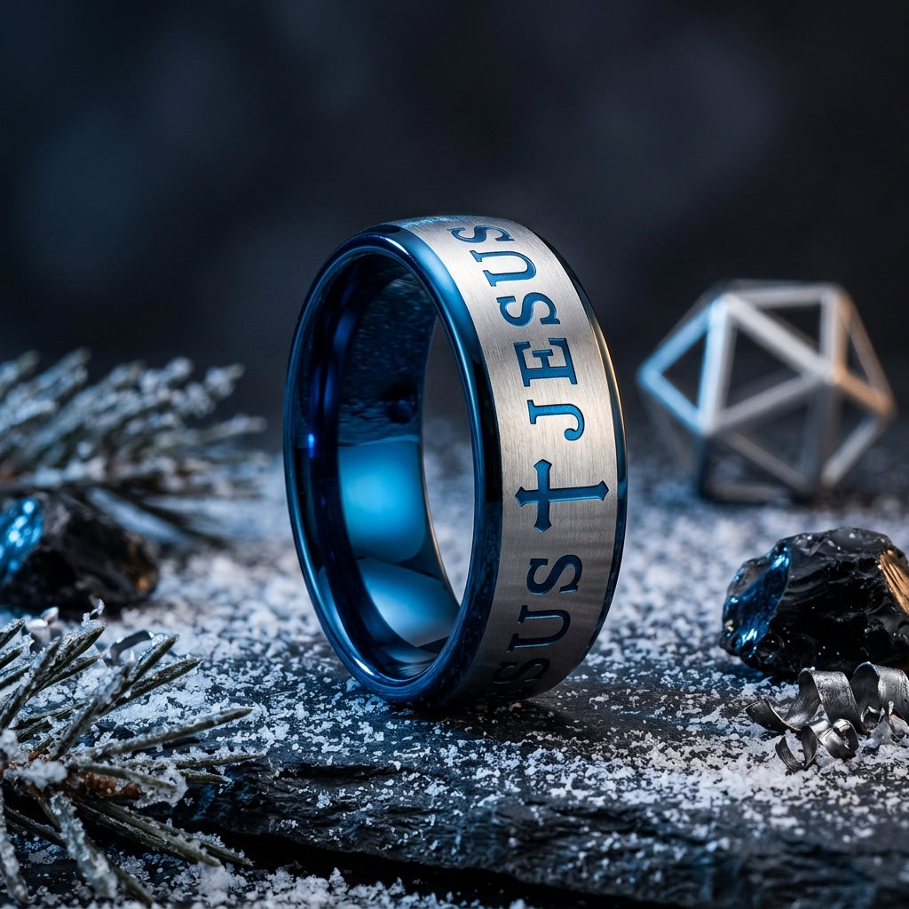 Blue Tungsten Cross Ring