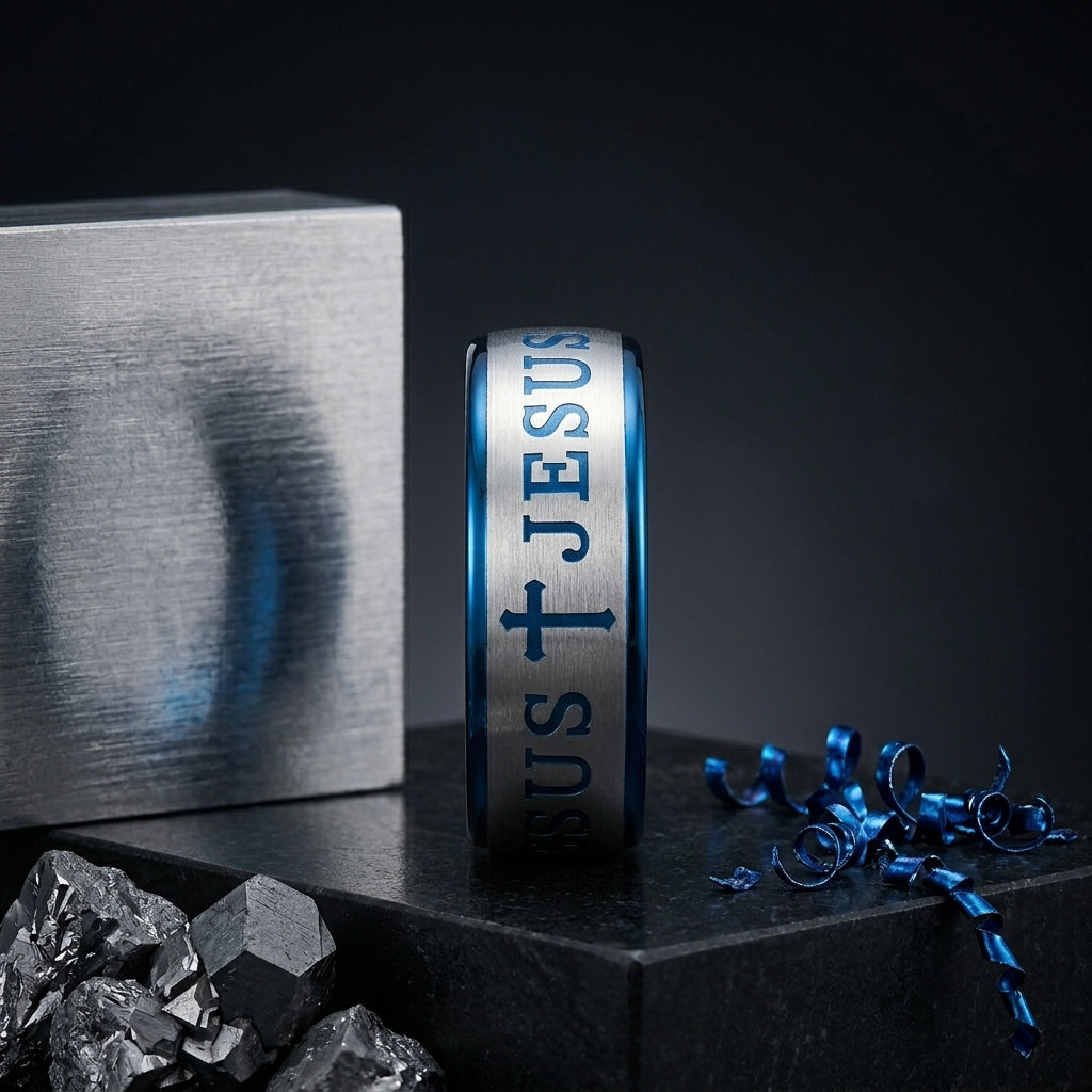 Blue Tungsten Cross Ring