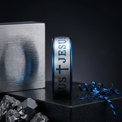 Blue Tungsten Cross Ring
