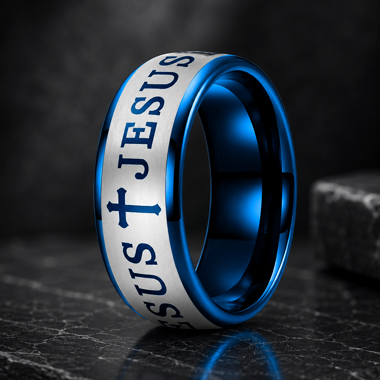 Blue Tungsten Cross Ring