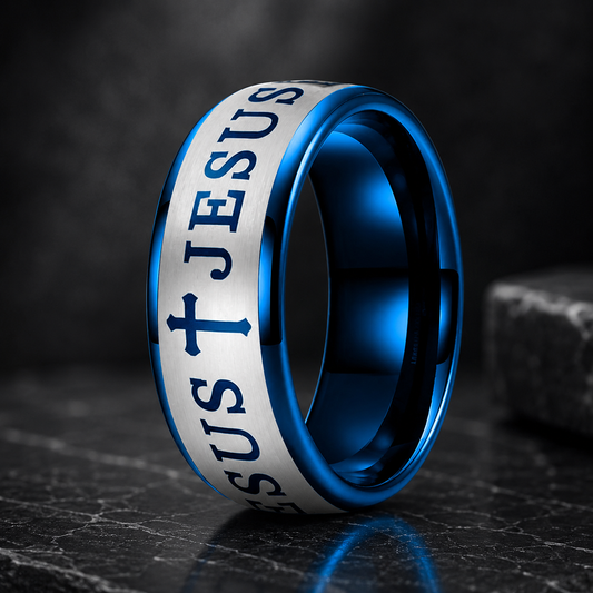 Blue Tungsten Cross Ring