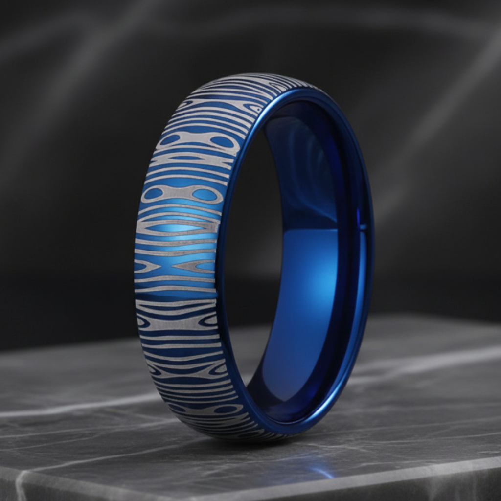 Blue Tungsten Damascus Ring