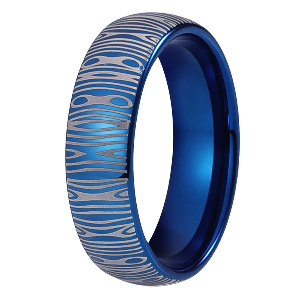 Blue Tungsten Damascus Ring
