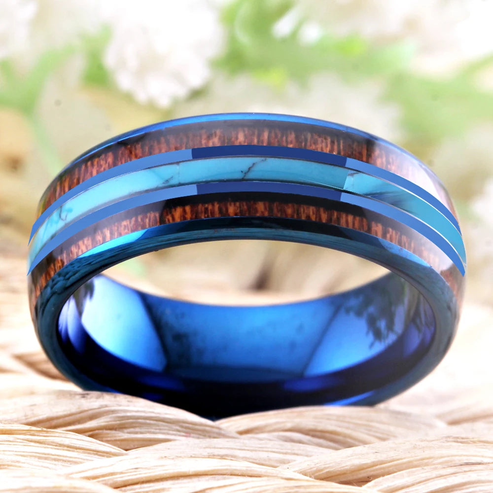 Blue Tungsten Ring with Koa Wood & Turquoise Inlay