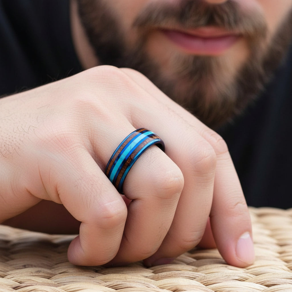 Blue Tungsten Ring with Koa Wood & Turquoise Inlay