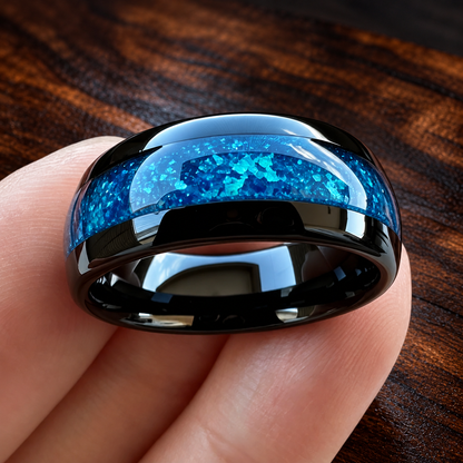 Black Tungsten Ring with Blue Opal Inlay