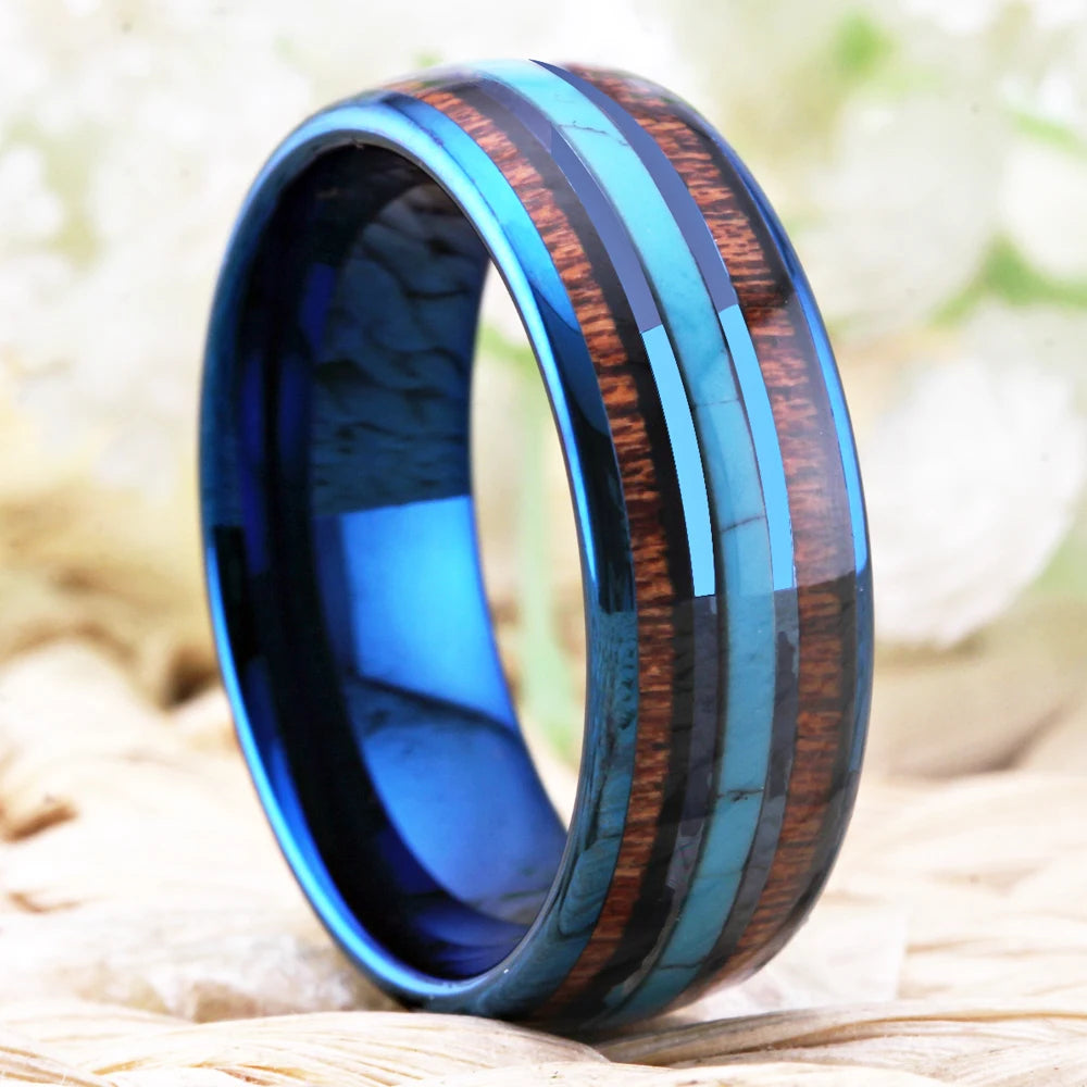 Blue Tungsten Ring with Koa Wood & Turquoise Inlay