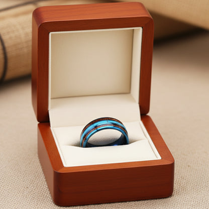 Blue Tungsten Ring with Koa Wood & Turquoise Inlay