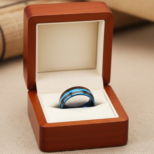 Blue Tungsten Ring with Koa Wood & Turquoise Inlay
