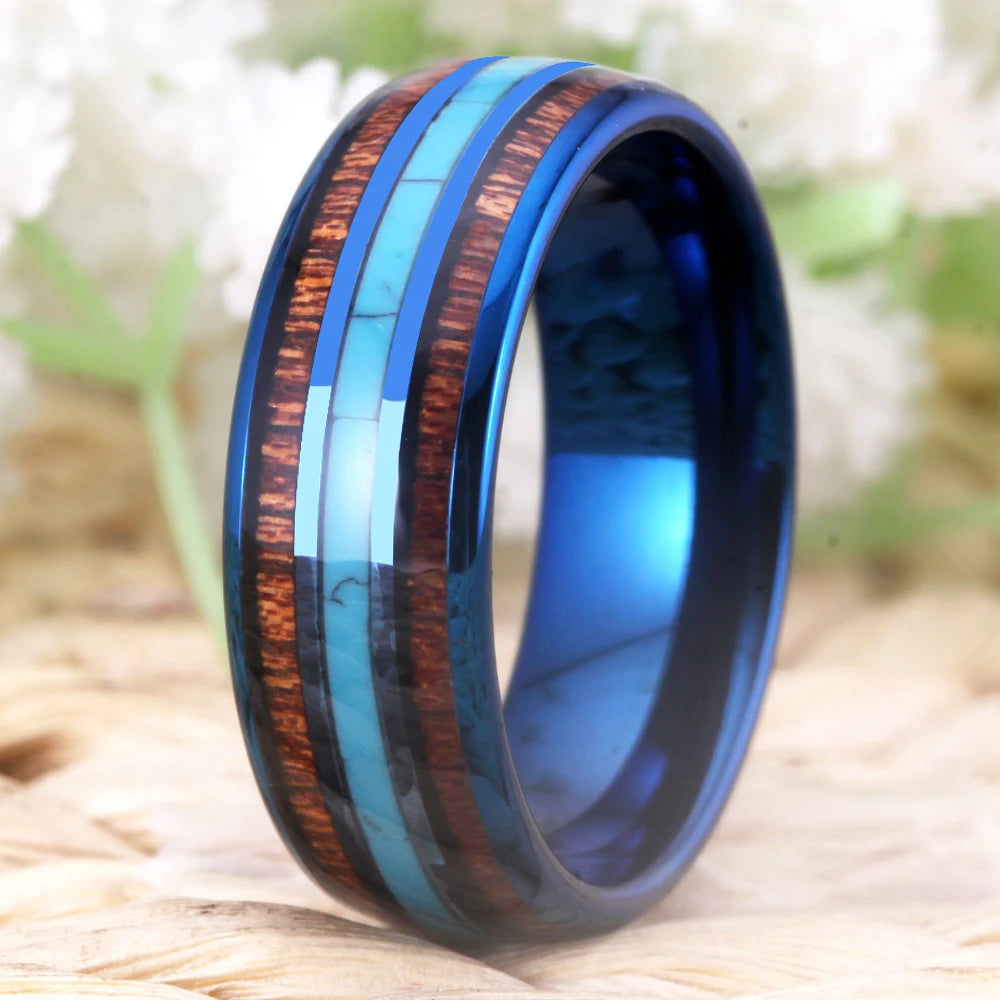 Blue Tungsten Ring with Koa Wood & Turquoise Inlay