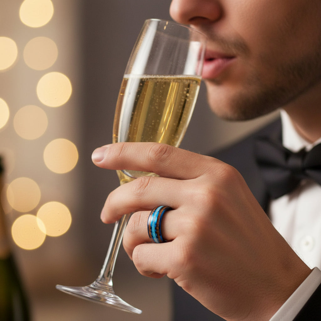 Blue Tungsten Ring with Koa Wood & Turquoise Inlay