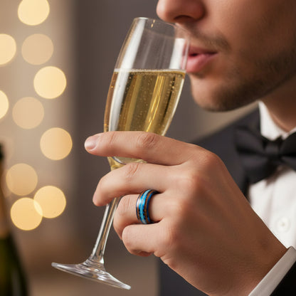 Blue Tungsten Ring with Koa Wood & Turquoise Inlay