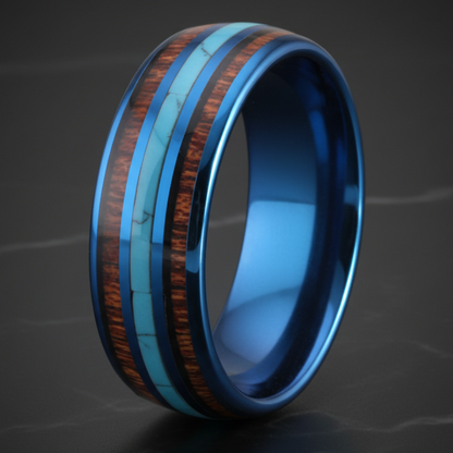 Blue Tungsten Ring with Koa Wood & Turquoise Inlay