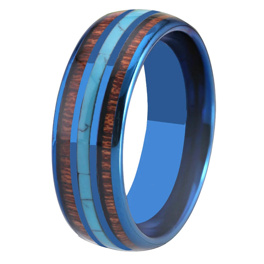 Blue Tungsten Ring with Koa Wood & Turquoise Inlay