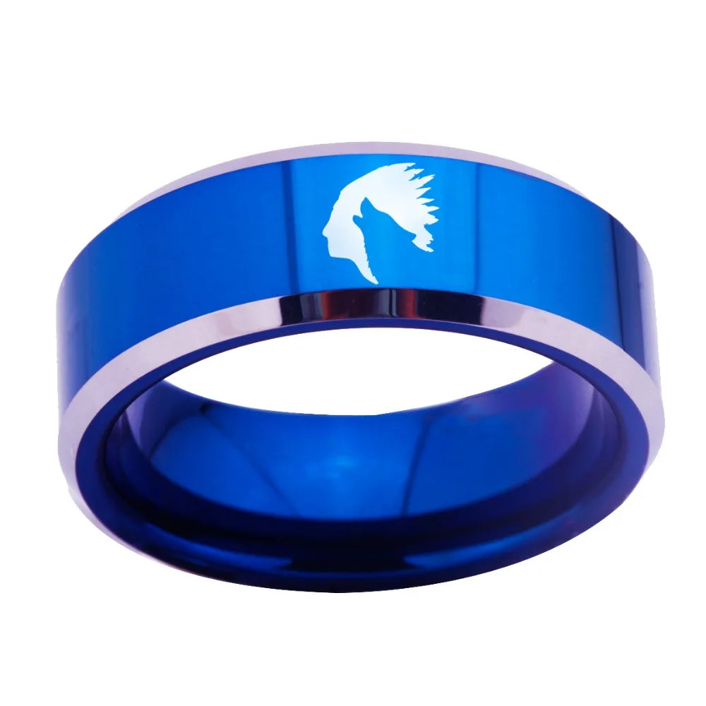 Blue Tungsten Wolf Ring – Indian Head Wolf Women’s Jewelry