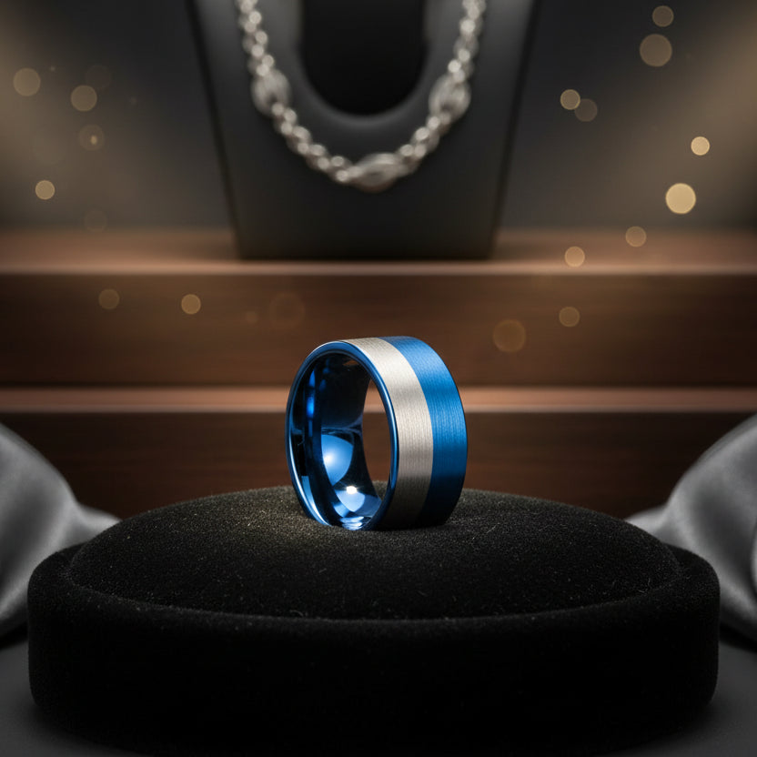 Blue and Silver 12MM Tungsten Men’s Ring