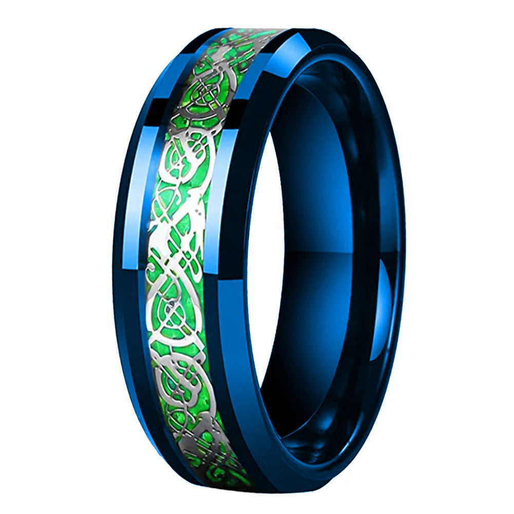 Blue tungsten ring with green and silver Celtic dragon design