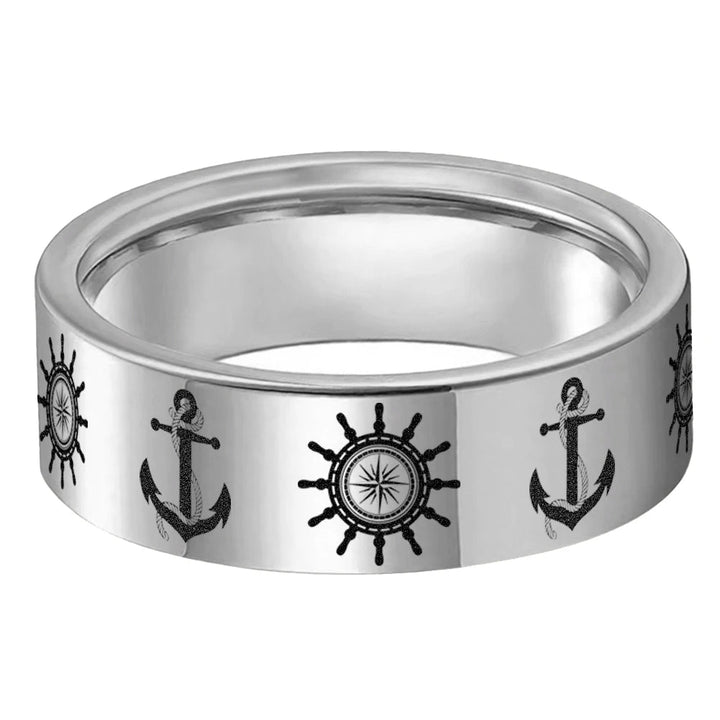 Boat Anchor & Rudder Laser Engraved Tungsten Ring