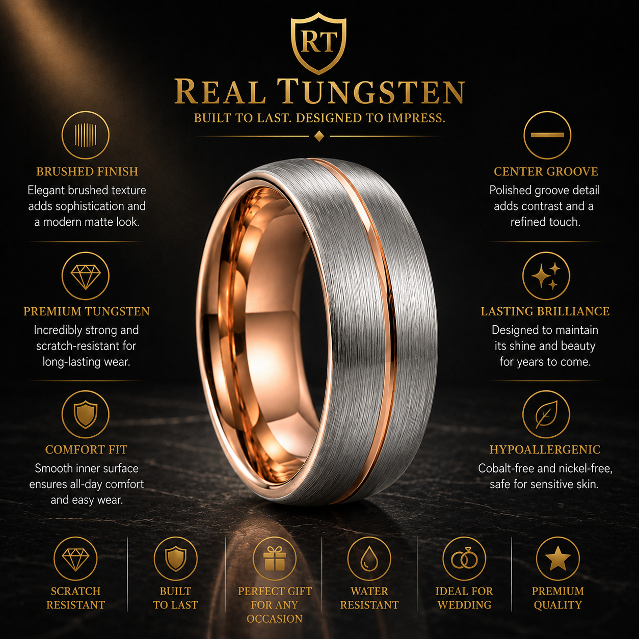Brushed Domed Tungsten Ring with Center Groove
