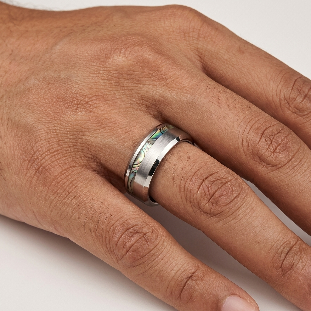 Brushed Silver Tungsten Ring with Abalone Shell Inlay