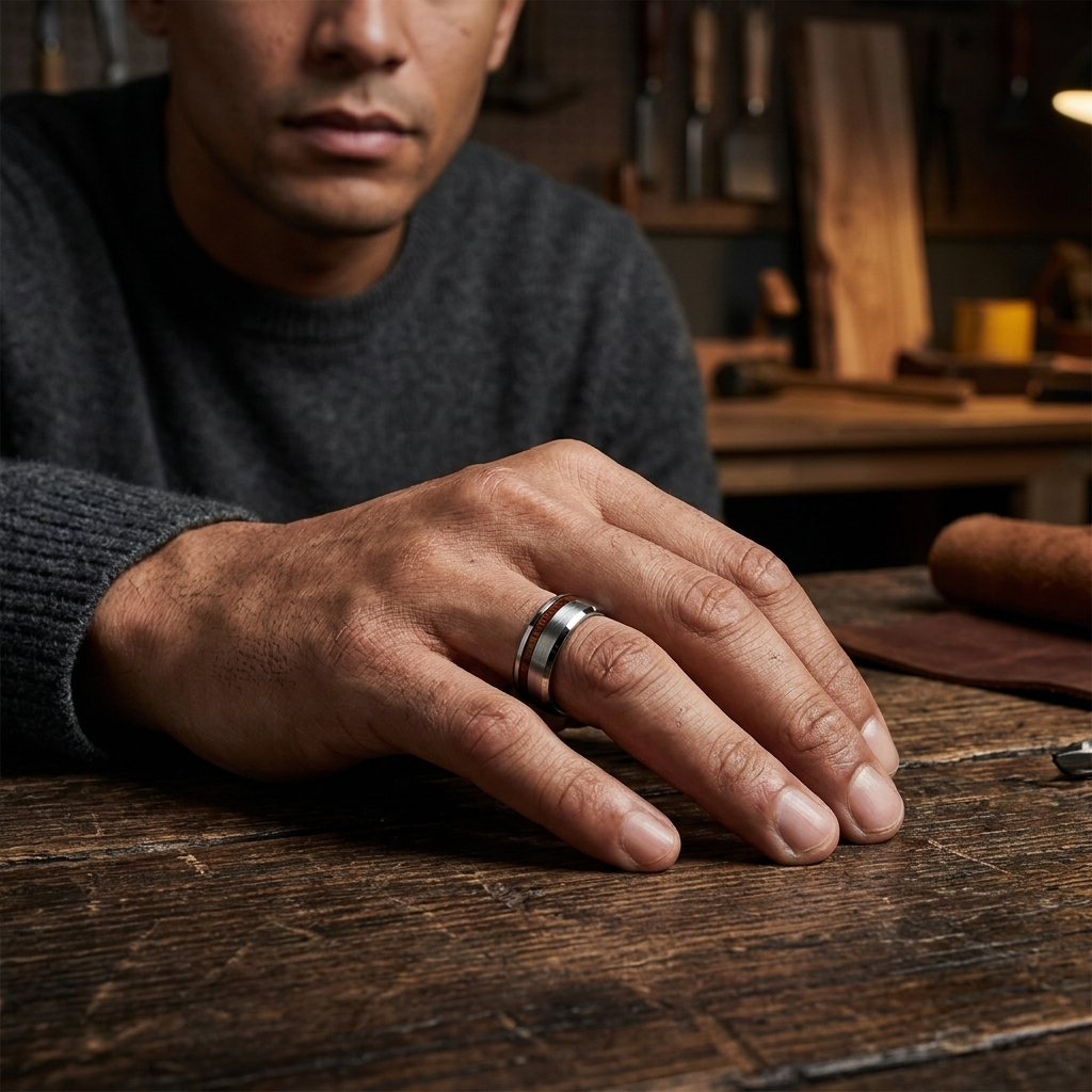 Brushed Tungsten Ring with Koa Wood Inlay