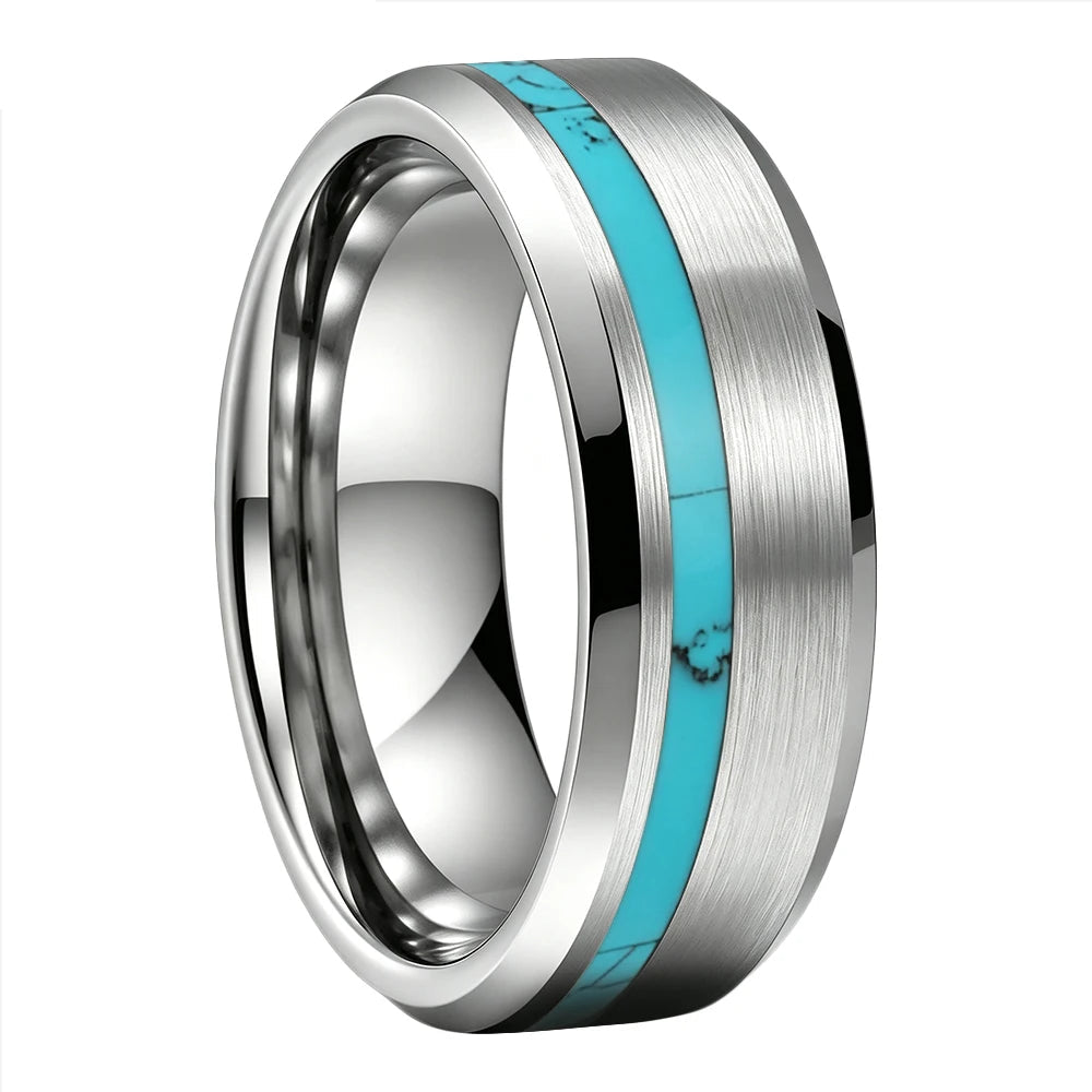 Brushed Tungsten Ring with Turquoise Inlay
