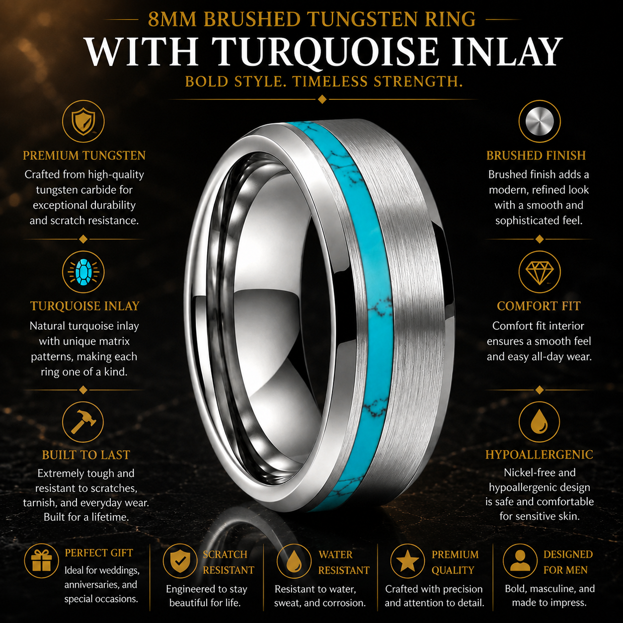 Brushed Tungsten Ring with Turquoise Inlay