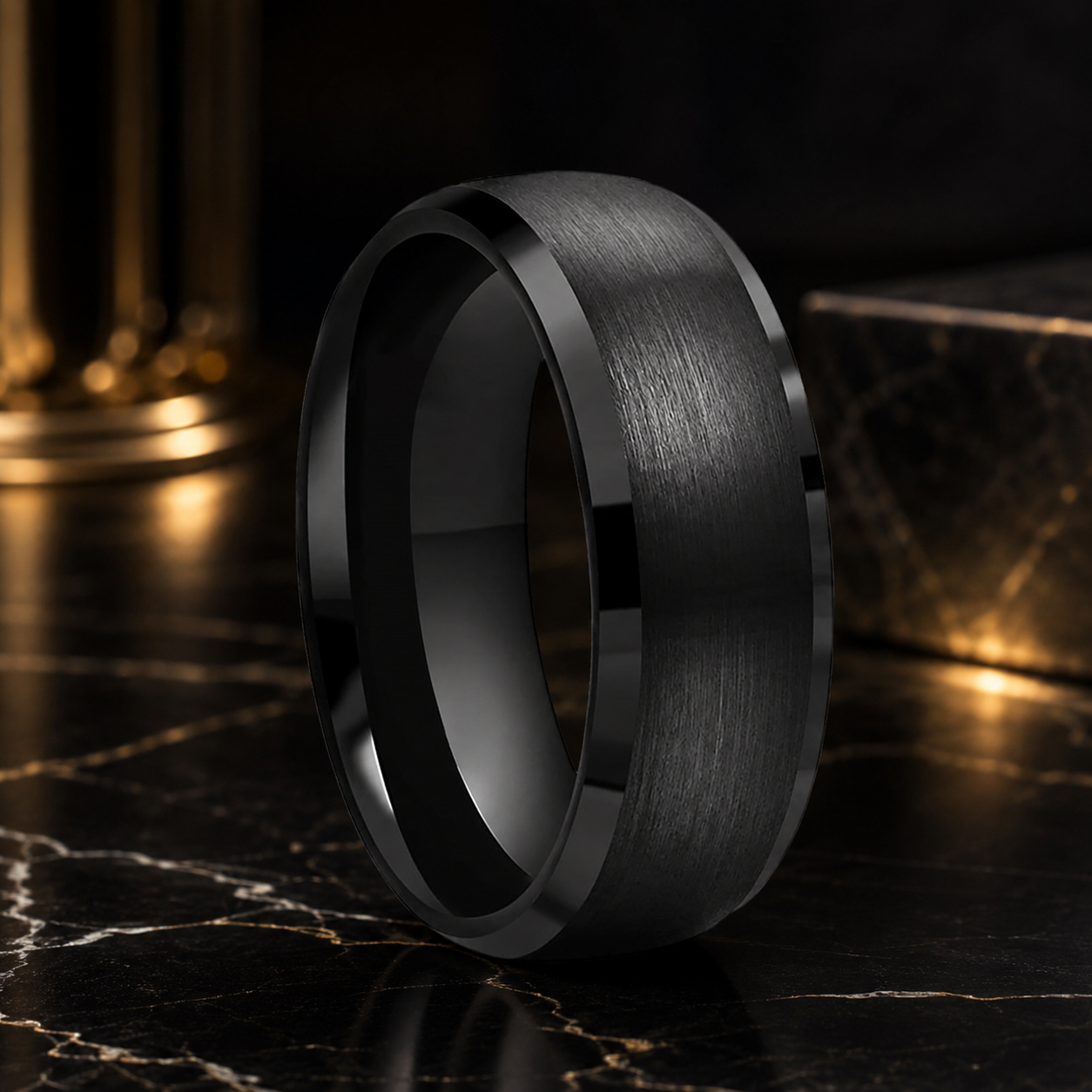Brushed Black Beveled Tungsten Promise Ring