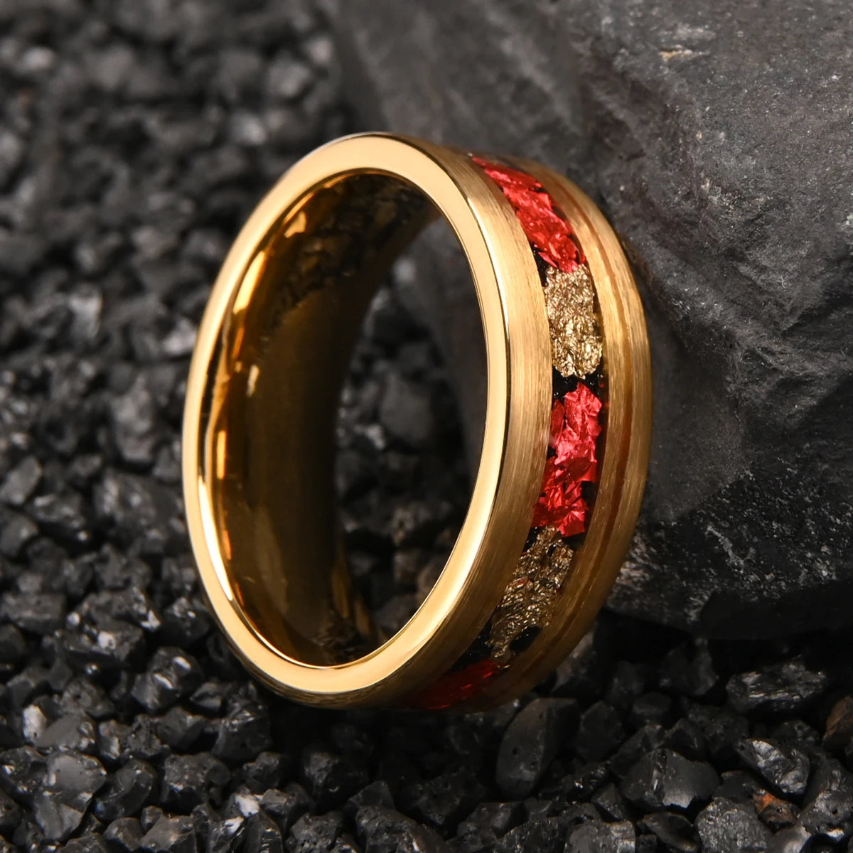 Brushed Gold 8mm Tungsten Ring with Red Foil Inlay
