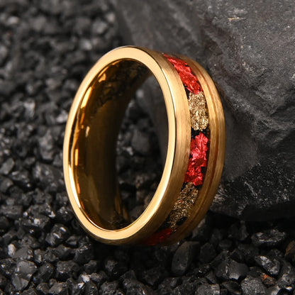 Brushed Gold 8mm Tungsten Ring with Red Foil Inlay