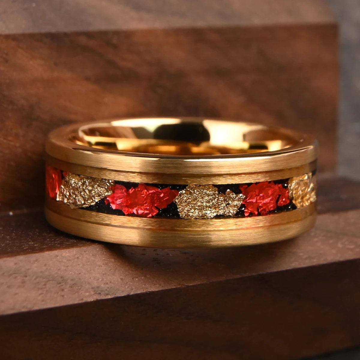 Brushed Gold 8mm Tungsten Ring with Red Foil Inlay