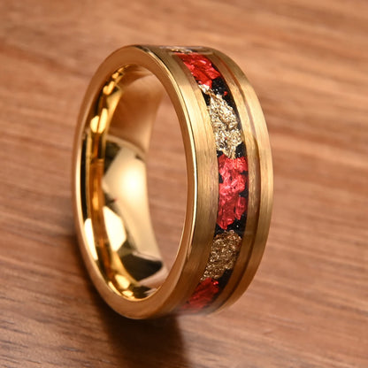 Brushed Gold 8mm Tungsten Ring with Red Foil Inlay