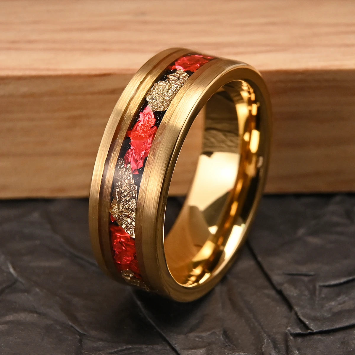 Brushed Gold 8mm Tungsten Ring with Red Foil Inlay