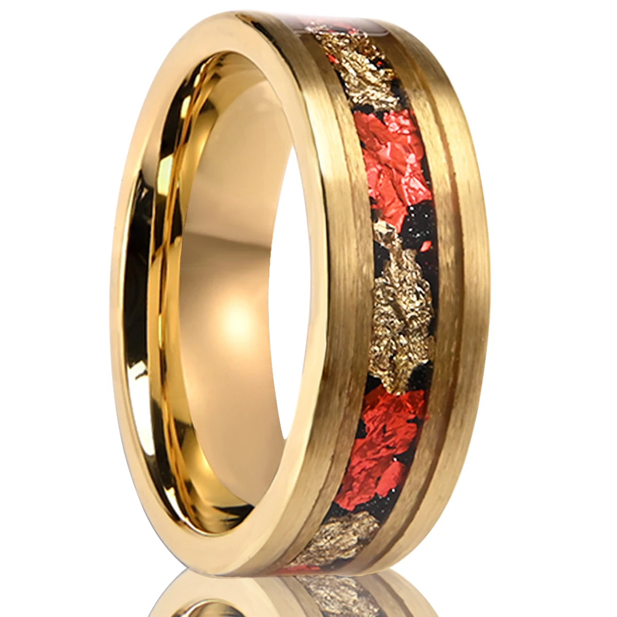 Brushed Gold 8mm Tungsten Ring with Red Foil Inlay
