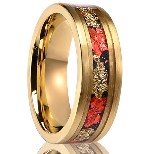 Brushed Gold 8mm Tungsten Ring with Red Foil Inlay