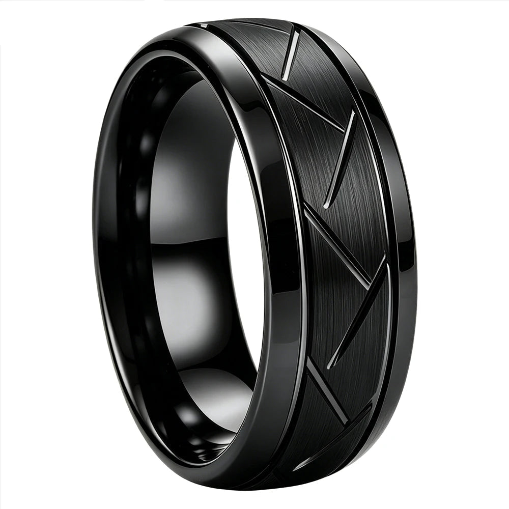 Brushed Grooved Tungsten Ring with High Polish Finish