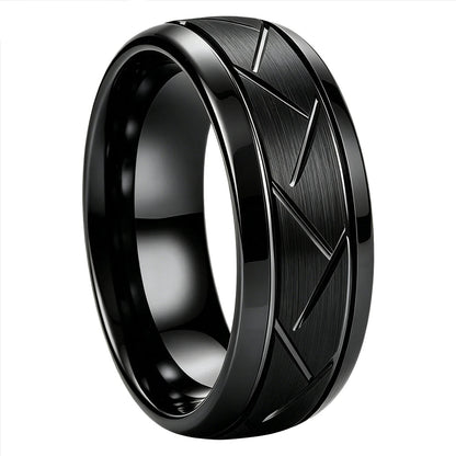 Brushed Grooved Tungsten Ring with High Polish Finish