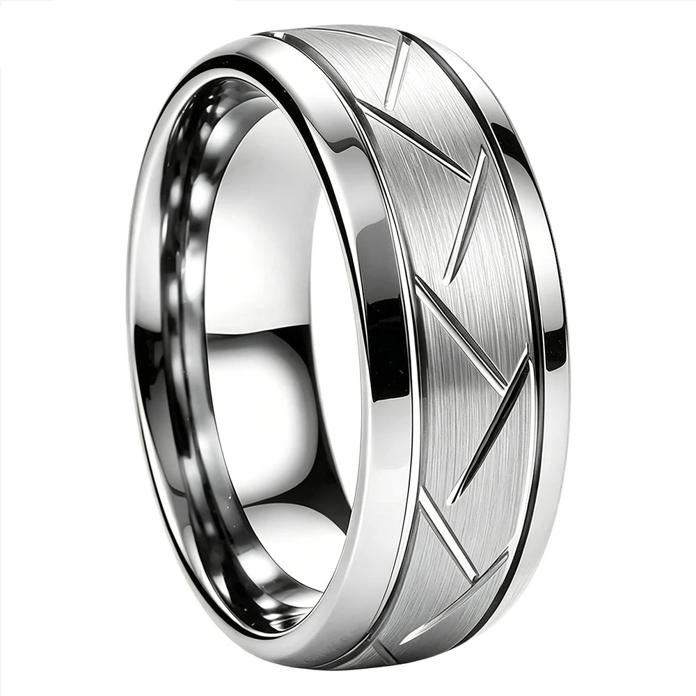 Brushed Grooved Tungsten Ring with High Polish Finish
