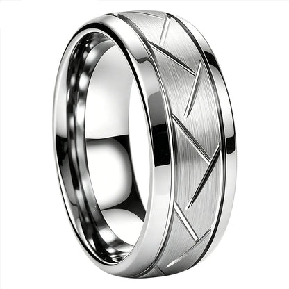Brushed Grooved Tungsten Ring with High Polish Finish