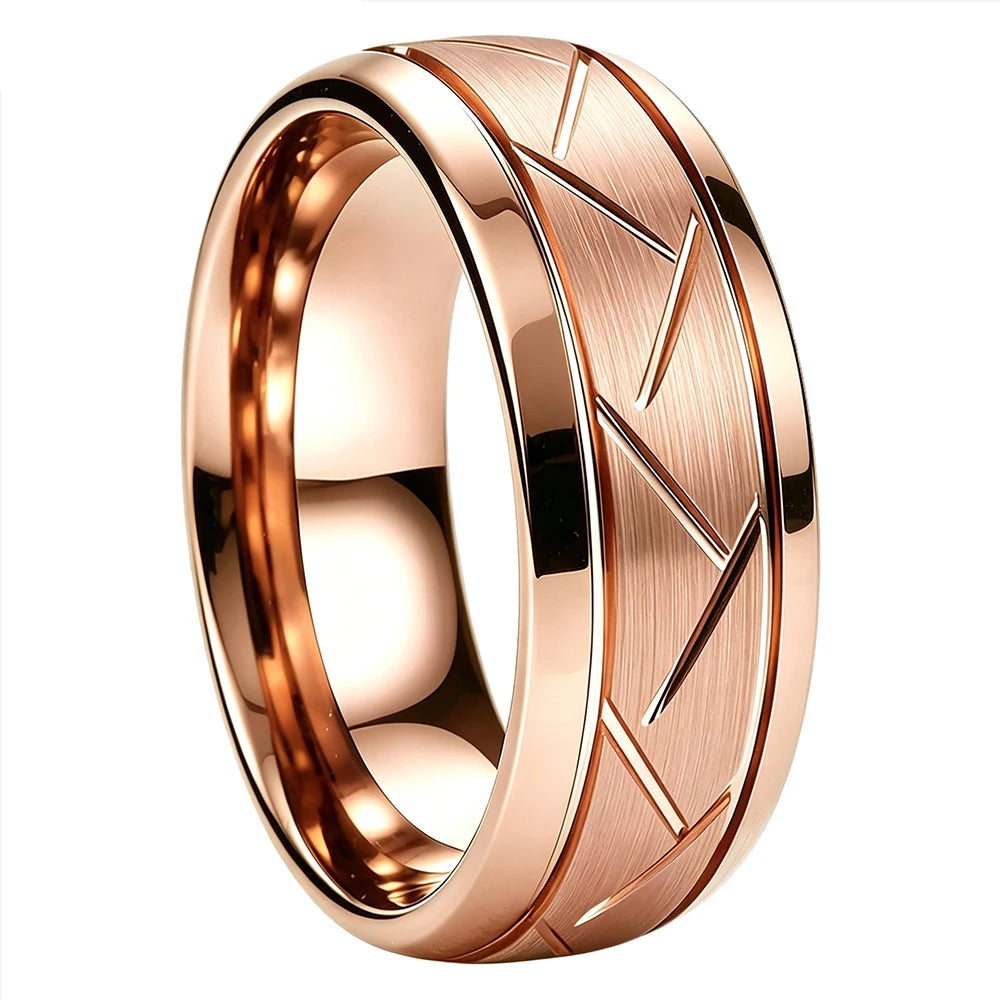 Brushed Grooved Tungsten Ring with High Polish Finish