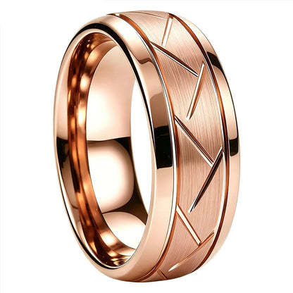 Brushed Grooved Tungsten Ring with High Polish Finish