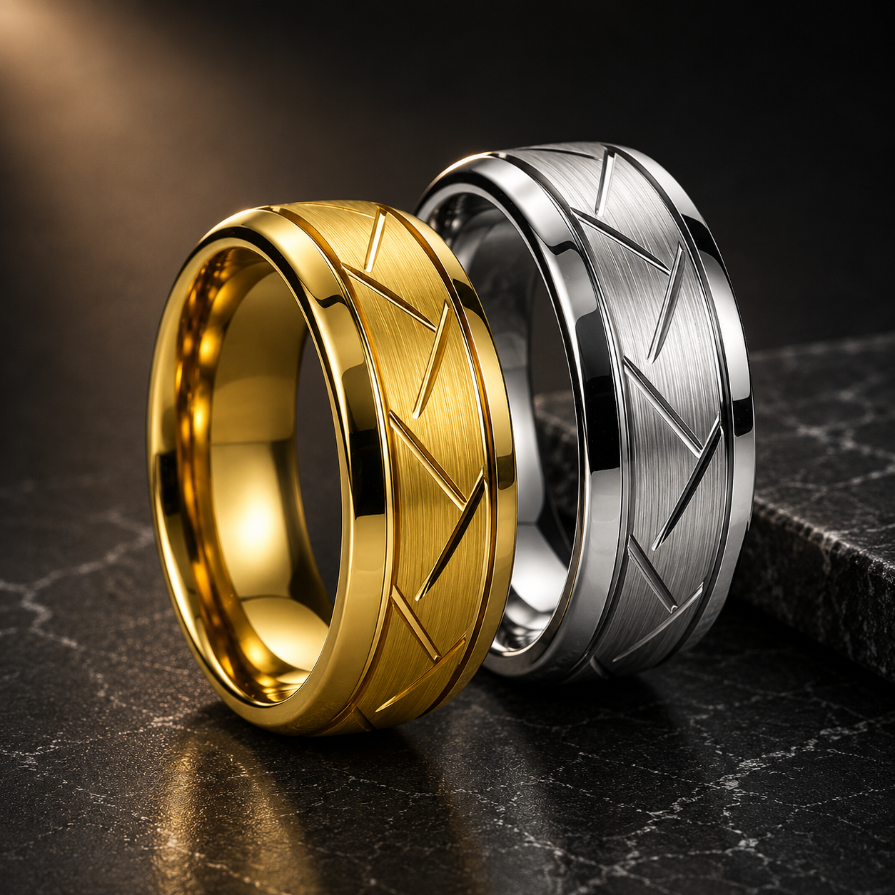 Brushed Grooved Tungsten Ring with High Polish Finish