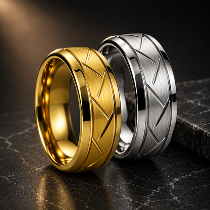 Brushed Grooved Tungsten Ring with High Polish Finish