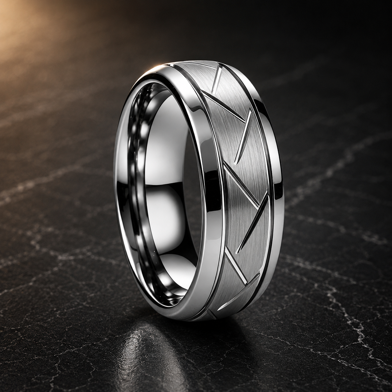 Brushed Grooved Tungsten Ring with High Polish Finish