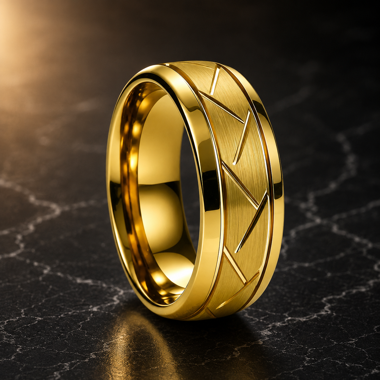 Brushed Grooved Tungsten Ring with High Polish Finish
